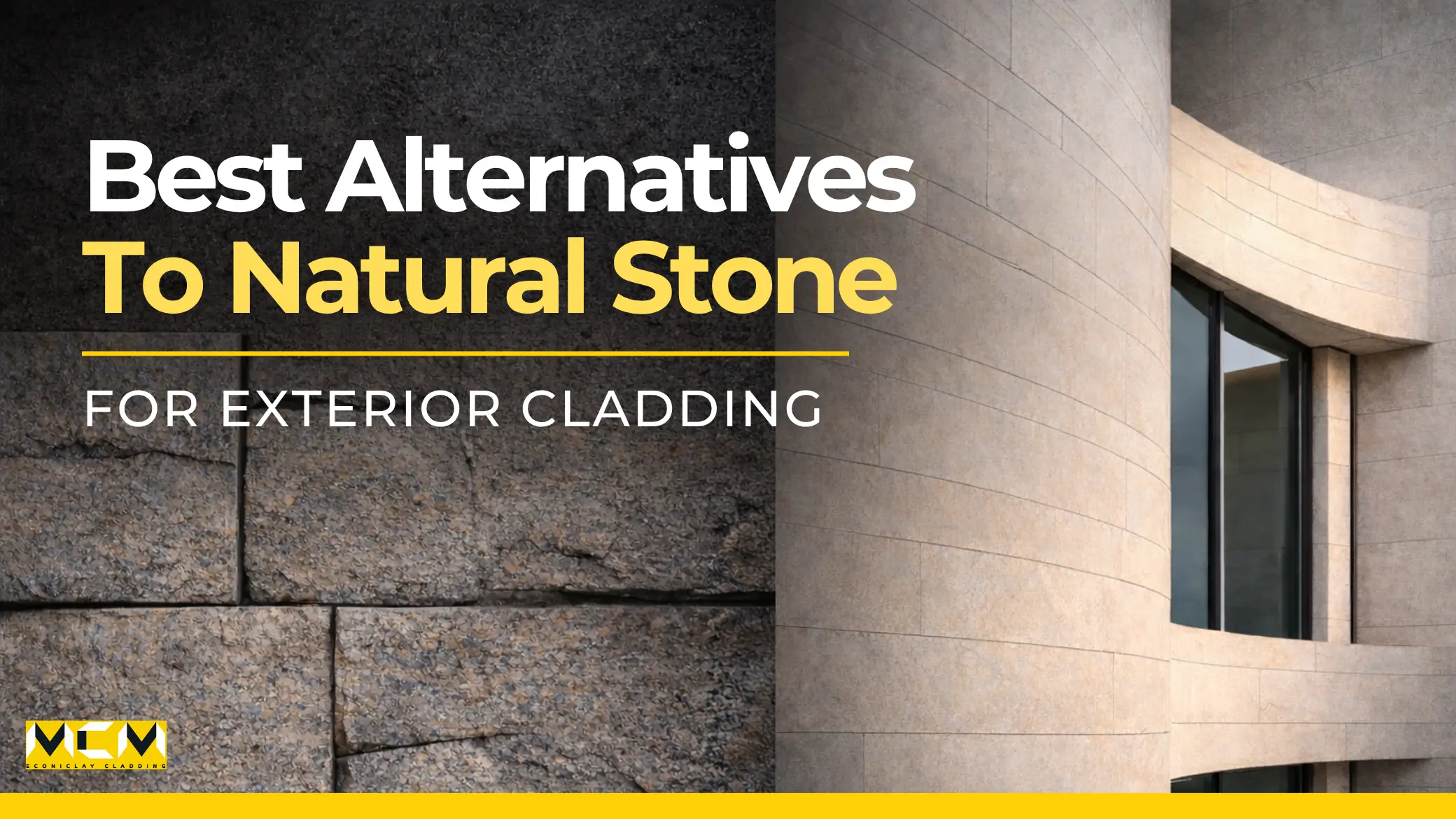Best alternatives to natural stone for exterior cladding featuring modern building facade with textured stone and curved architectural panels – Phomi MCM India thumbnail