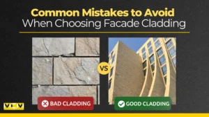 Common mistakes to avoid when choosing facade cladding – comparison of cracked, damaged stone cladding (bad cladding) vs modern, durable architectural facade (good cladding) for buildings | Phomi MCM India