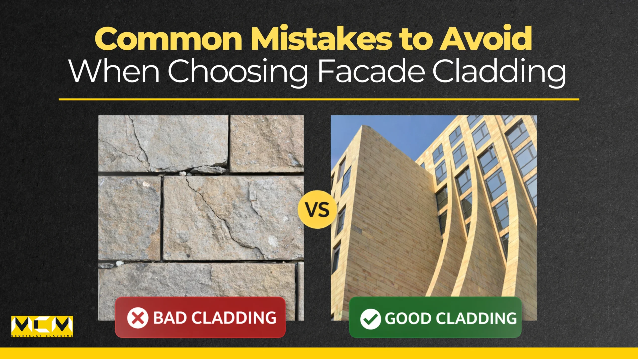 Common mistakes to avoid when choosing facade cladding – comparison of cracked, damaged stone cladding (bad cladding) vs modern, durable architectural facade (good cladding) for buildings | Phomi MCM India
