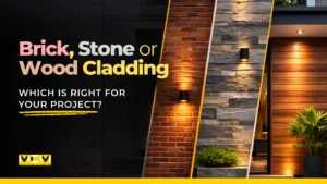 Thumbnail showing comparison of brick, stone, and wood cladding for exterior walls, with illuminated wall textures and the headline “Brick, Stone or Wood Cladding – Which is right for your project?” and PHOMI MCM India logo.